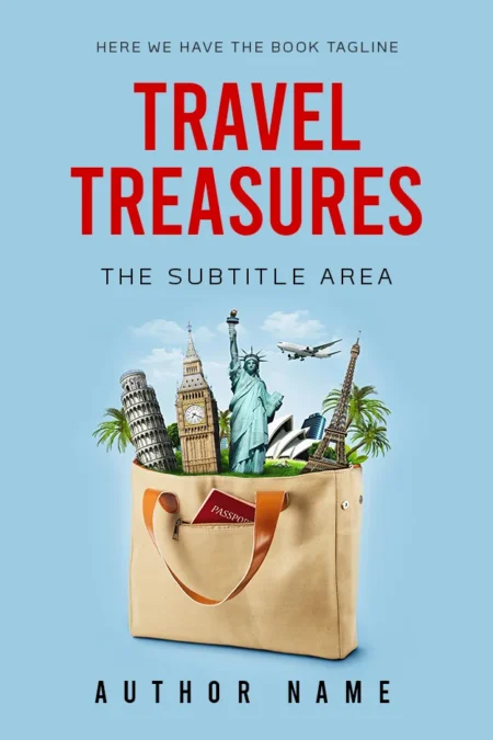 A travel book cover featuring iconic landmarks such as the Statue of Liberty, Eiffel Tower, and Big Ben emerging from a travel bag.