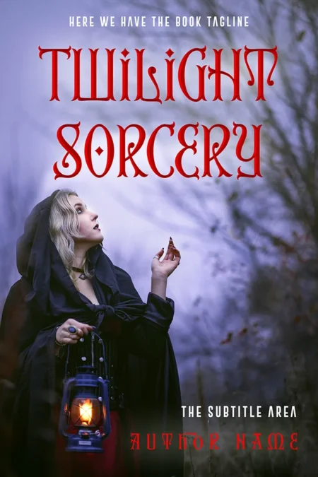 A book cover titled "Twilight Sorcery" featuring a mystical scene with a woman dressed in dark robes holding a lantern, set against a twilight background.