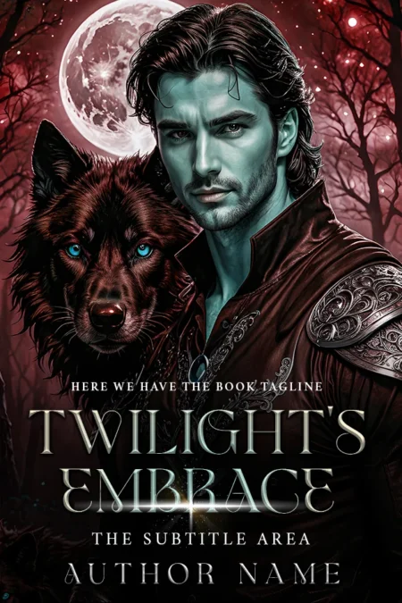 Book cover featuring the title 'Twilight's Embrace' in metallic silver letters over an image of a man standing beside a wolf against a moonlit forest.