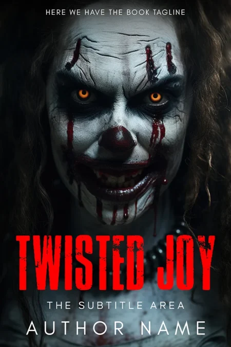 A haunting book cover titled "Twisted Joy" featuring a sinister clown with glowing orange eyes and blood-streaked face paint.