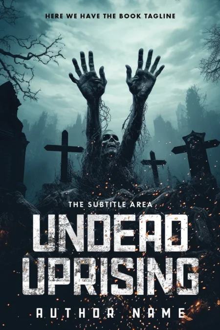 A horror book cover featuring a zombie rising from the grave in a dark, eerie cemetery with tombstones and a misty atmosphere.