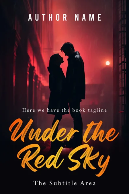 A romance book cover titled "Under the Red Sky" featuring a silhouette of a couple standing close together in a dimly lit street with a dramatic red sky in the background.