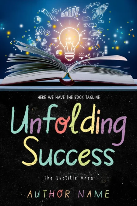 A vibrant book cover titled "Unfolding Success" featuring an open book with a glowing light bulb and various success icons emerging from the pages.