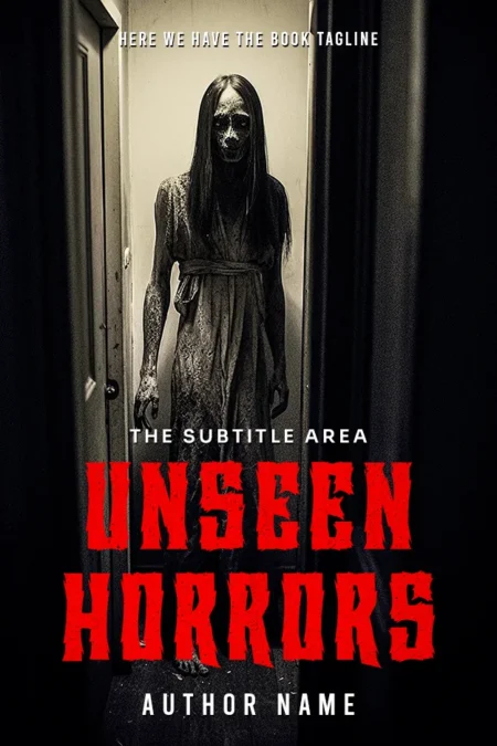 "Unseen Horrors" book cover depicting a ghostly figure in a decrepit doorway, set against a stark, chilling background with bold red title text.