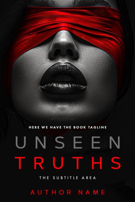 Woman with a red blindfold on a mysterious thriller book cover titled 'Unseen Truths'" Caption: "Peel back the layers of secrecy with 'Unseen Truths' – a thriller premade book cover that beckons you to uncover the hidden.