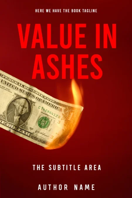 "Value in Ashes" book cover depicting a burning dollar bill on a deep red background, symbolizing the volatile intersection of economy and morality.