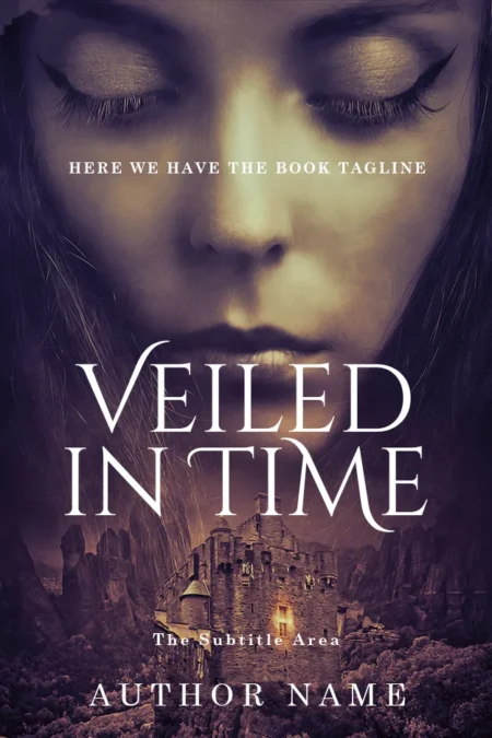 Book cover featuring the title 'Veiled in Time' in white letters over an image of a woman's face superimposed on a castle nestled among rugged terrain.
