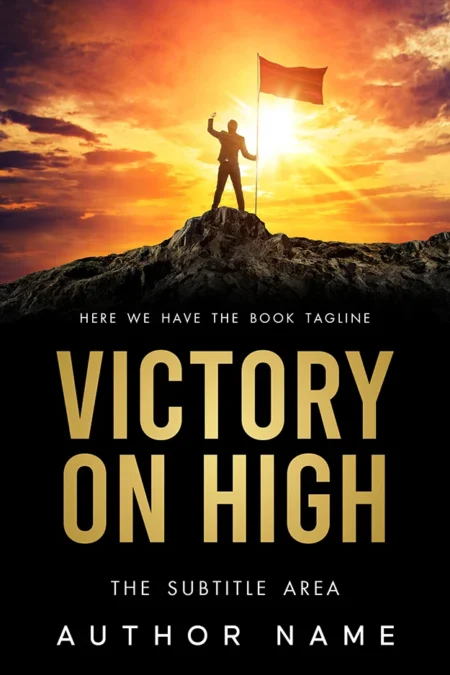 A book cover titled "Victory on High" featuring a silhouette of a person holding a flag on top of a mountain at sunrise.