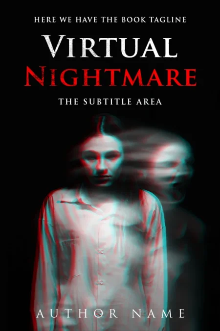 A horror book cover featuring a blurry, glitchy image of a girl, evoking a sense of digital horror and virtual terror.