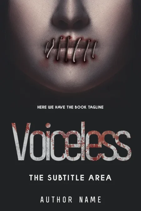 Book cover for 'Voiceless' featuring a close-up image of a mouth stitched shut, symbolizing silenced voices and censorship.