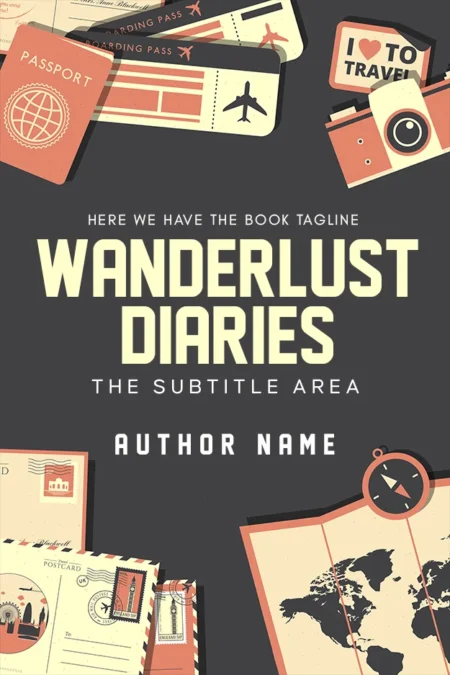 A travel-themed book cover titled "Wanderlust Diaries" featuring travel-related items like a passport, boarding pass, camera, and postcards.