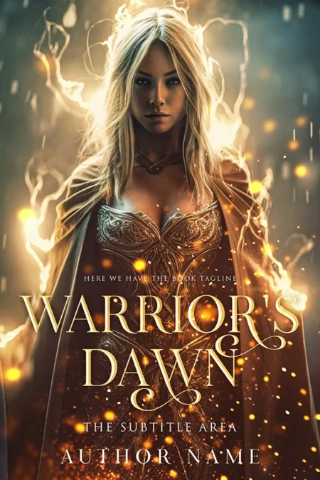 A book cover titled "Warrior's Dawn" featuring a fierce, blonde female warrior clad in ornate armor, surrounded by a mystical, fiery aura.
