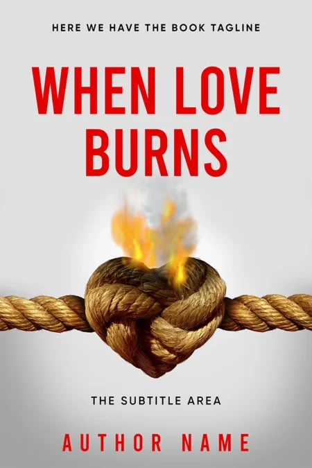 A book cover titled "When Love Burns" featuring a burning heart-shaped knot made of rope, symbolizing intense emotions and heartbreak.