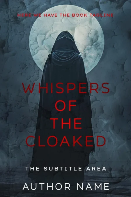 Whispers of the Cloaked premade book cover featuring a hooded figure in front of a full moon.