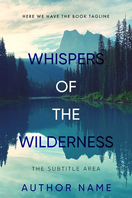A book cover titled "Whispers of the Wilderness" featuring a serene landscape with a calm lake reflecting a mountain and dense forest.
