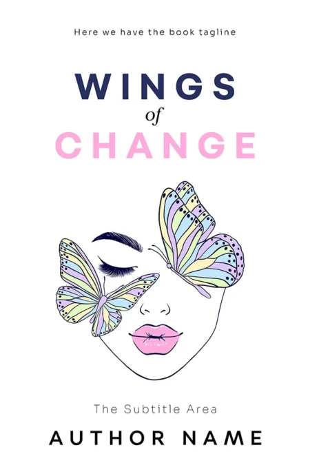 A book cover titled "Wings of Change" featuring an abstract illustration of a woman's face with closed eyes, adorned with colorful butterflies.
