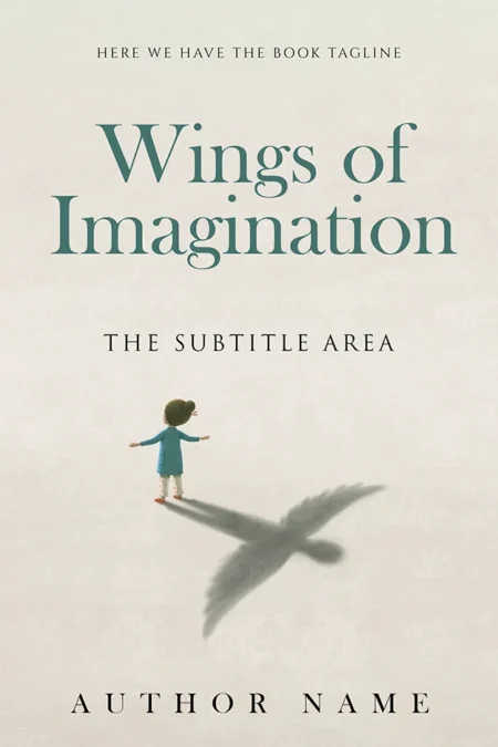 A book cover titled "Wings of Imagination" featuring a child with the shadow of a bird, symbolizing the power of imagination.