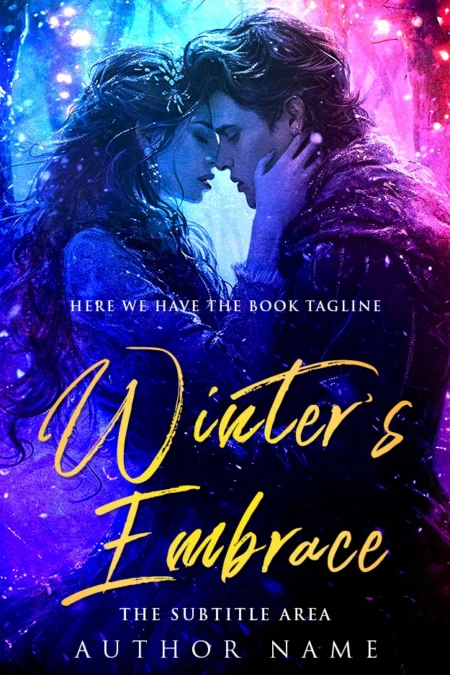 A romantic fantasy book cover featuring a couple in a passionate embrace with winter and magical elements in the background.