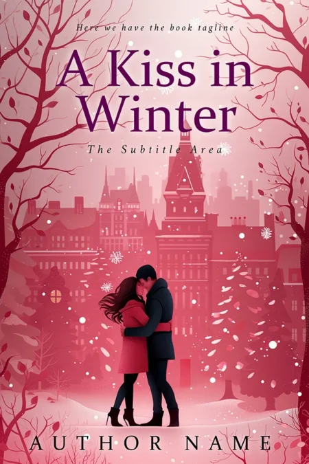 A book cover titled "A Kiss in Winter" featuring a couple sharing a kiss in a romantic winter setting with a cityscape background.