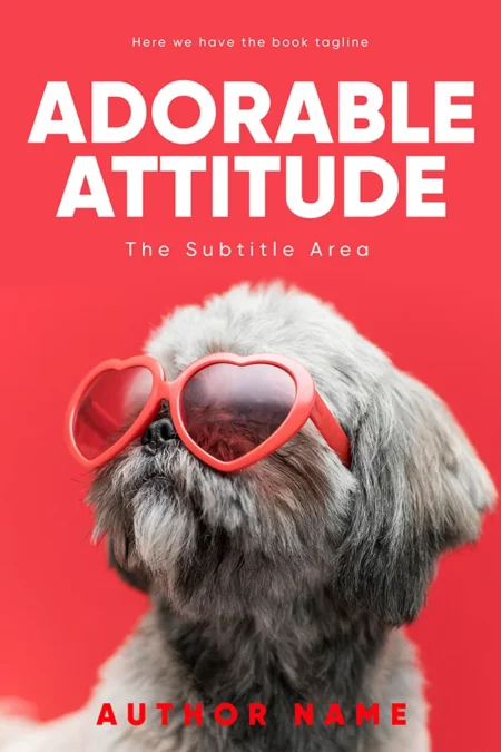 Adorable Attitude book cover featuring a cute dog wearing red heart-shaped sunglasses against a matching red background.