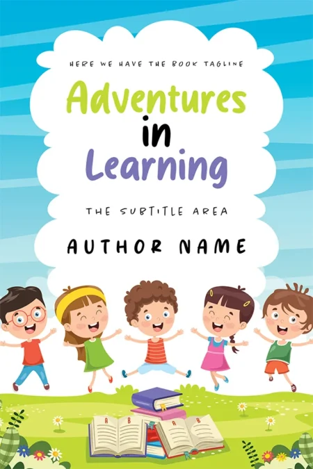 Vibrant book cover for "Adventures in Learning," featuring cheerful children and books in a colorful, cartoonish style.