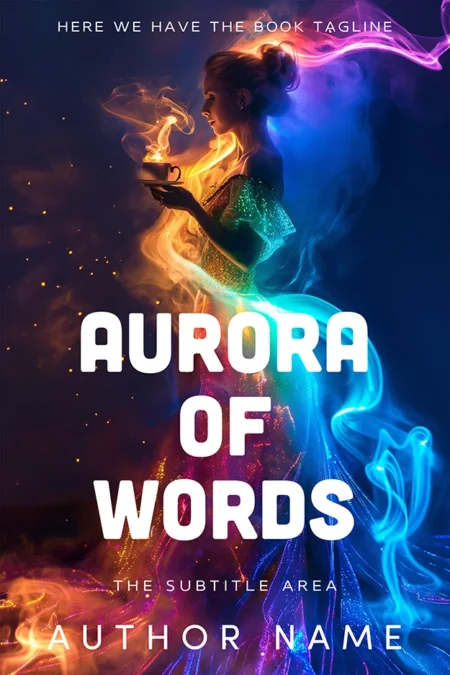 A book cover titled "Aurora of Words" featuring a woman surrounded by vibrant, colorful aurora-like light patterns, holding a glowing object.