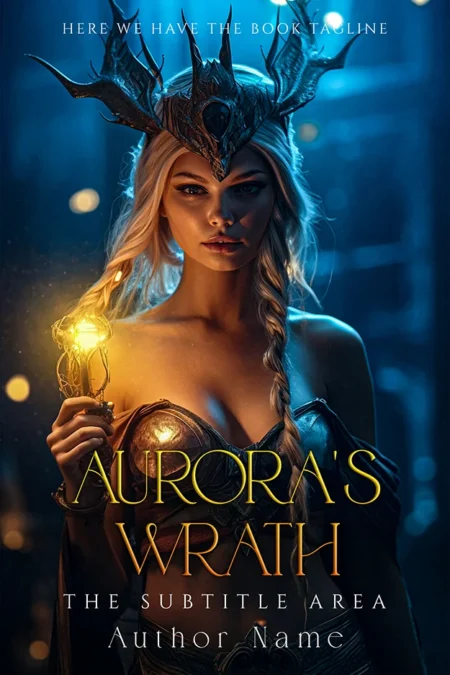 A book cover titled "Aurora's Wrath" featuring a powerful woman with a glowing object, wearing a dark crown and armor, set against a mystical blue background.