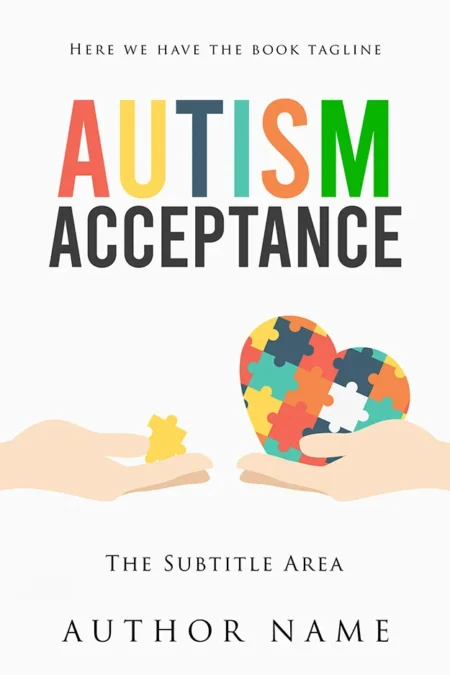 Autism Acceptance book cover featuring a heart made of puzzle pieces and two hands, one holding a puzzle piece and the other holding the heart.