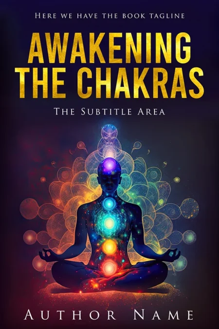 A book cover titled "Awakening the Chakras" featuring a vibrant illustration of a meditative figure with illuminated chakras aligned along the body.