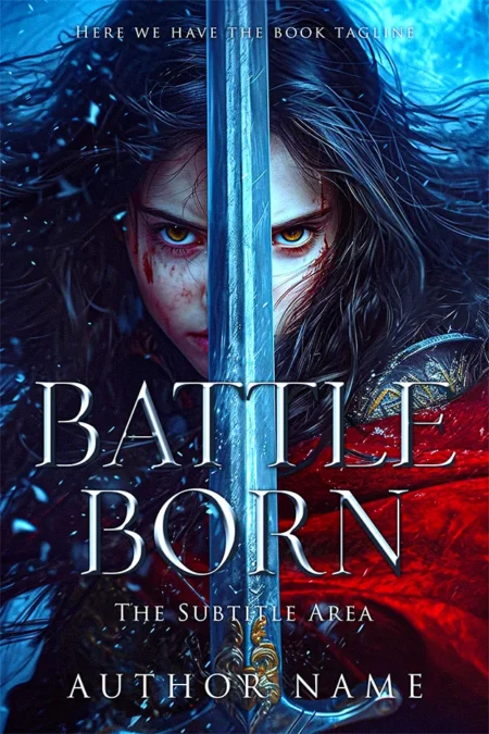 Battleborn book cover featuring a fierce warrior woman with piercing yellow eyes holding a bloodied sword.