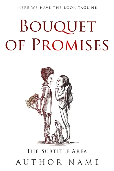 Elegant book cover for "Bouquet of Promises," featuring a charming illustration of a boy offering a bouquet of flowers to a girl, with a dog sitting by their feet.