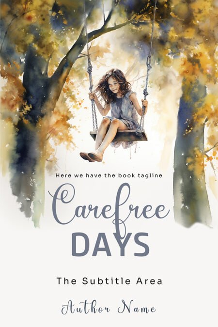 A book cover titled "Carefree Days" featuring a watercolor illustration of a young girl joyfully swinging on a swing amidst a serene forest setting.