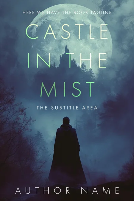 Castle in the Mist book cover featuring a lone figure standing before a misty castle with a full moon in the background.