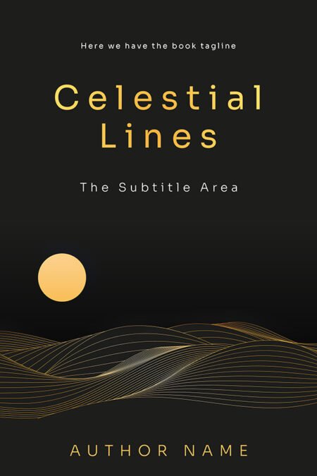 A book cover titled "Celestial Lines" featuring a minimalist design with golden waves and a golden sun against a dark background.