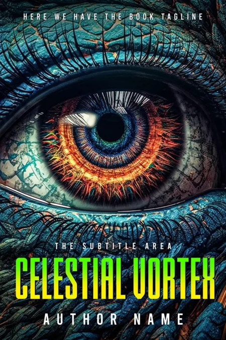 Celestial Vortex book cover featuring a vibrant, detailed eye with cosmic elements.