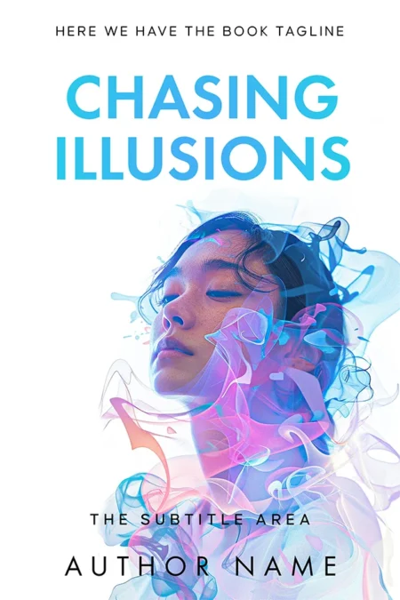 Chasing Illusions book cover featuring a serene woman surrounded by vibrant, swirling colors, symbolizing a journey through dreams and realities.