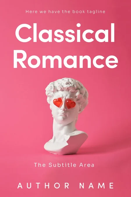 A book cover titled "Classical Romance" featuring a classical bust with heart-shaped glasses on a bright pink background.