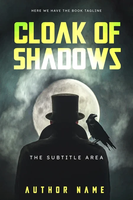 A book cover titled "Cloak of Shadows" featuring a silhouette of a man in a top hat with a raven on his shoulder, set against a full moon backdrop.
