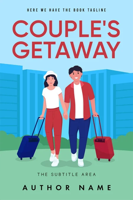 Romantic book cover design titled "Couple's Getaway" with an illustration of a couple holding hands and pulling suitcases.