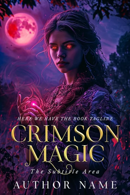Crimson Magic book cover featuring a mystical woman with glowing red eyes and a glowing orb in her hand, set against a dark, enchanted forest background with a red moon.