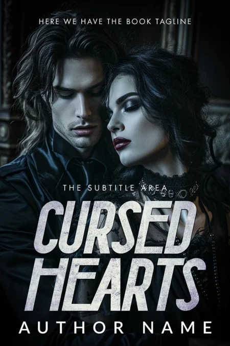 Cursed Hearts book cover featuring a gothic couple in an intimate embrace.