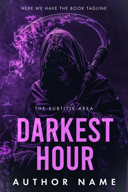 Darkest Hour book cover featuring a grim reaper-like figure holding a scythe with purple smoke swirling around.