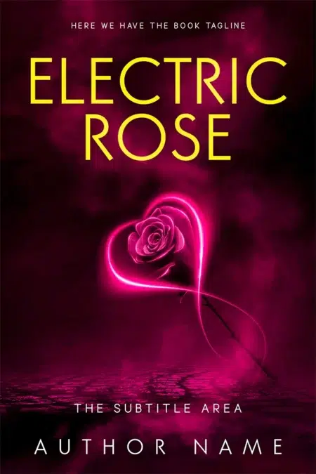 Striking book cover design titled "Electric Rose" with a neon pink rose and heart illustration.