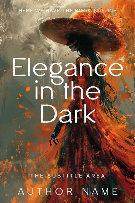 Elegance in the Dark book cover featuring a silhouette of a woman in a flowing red dress and a wide-brimmed hat, set against an abstract, dark background with splashes of orange and gray.