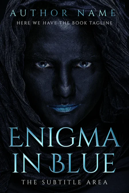 A book cover titled "Enigma in Blue" featuring a mysterious figure with blue-tinted skin and intense eyes, shrouded in dark fabric.