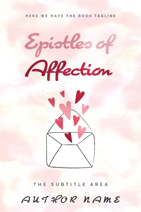 A book cover titled "Epistles of Affection" featuring an illustration of an envelope with hearts floating out of it, set against a soft pink watercolor background.