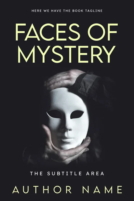 A book cover titled "Faces of Mystery" featuring a person holding a white mask against a dark background.