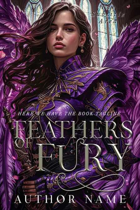 Feathers of Fury book cover featuring a fierce female warrior in purple armor with wings, set in a gothic fantasy scene.