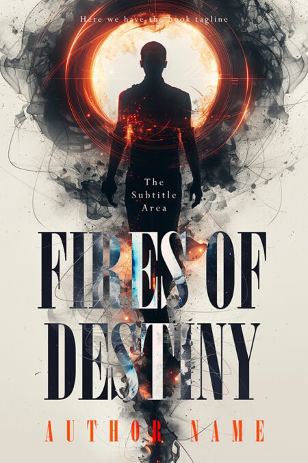 A book cover titled "Fires of Destiny" featuring a silhouette of a person standing in front of a radiant, fiery orb with abstract artistic elements.