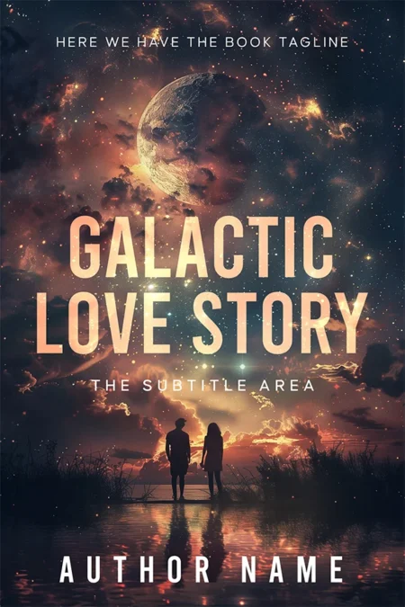 Galactic Love Story book cover featuring a couple silhouetted against a star-filled sky with a large, luminous planet in the background, creating a romantic and otherworldly atmosphere.